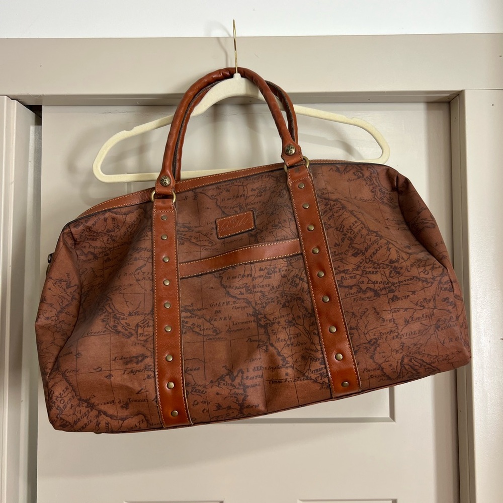 Patricia Nash Brown Leather Travel Bag Map pattern